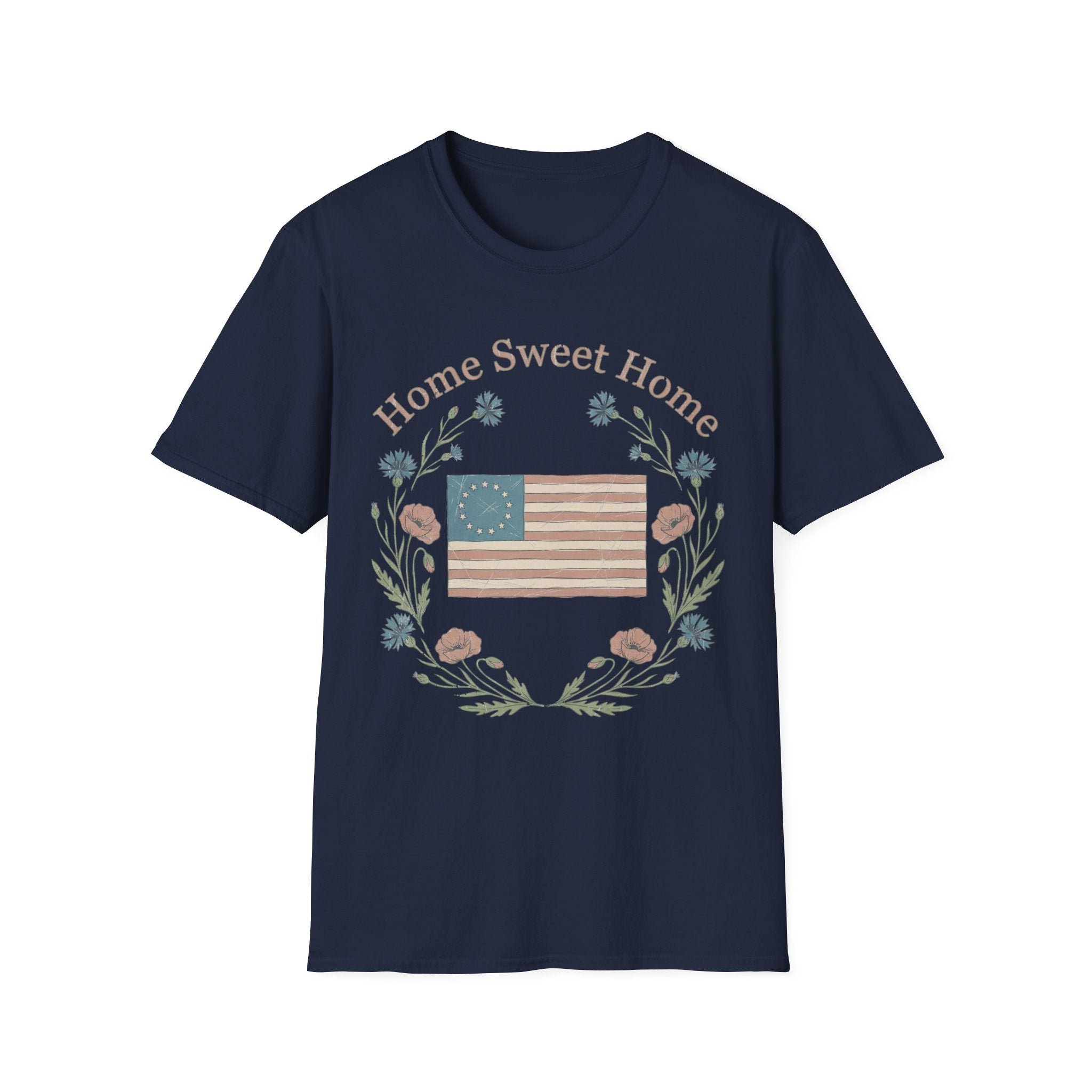 "Home Sweet Home" Betsy Ross Flag & Wildflower Wreath Patriotic T-Shirt - Muted Vintage & Family-Friendly Style