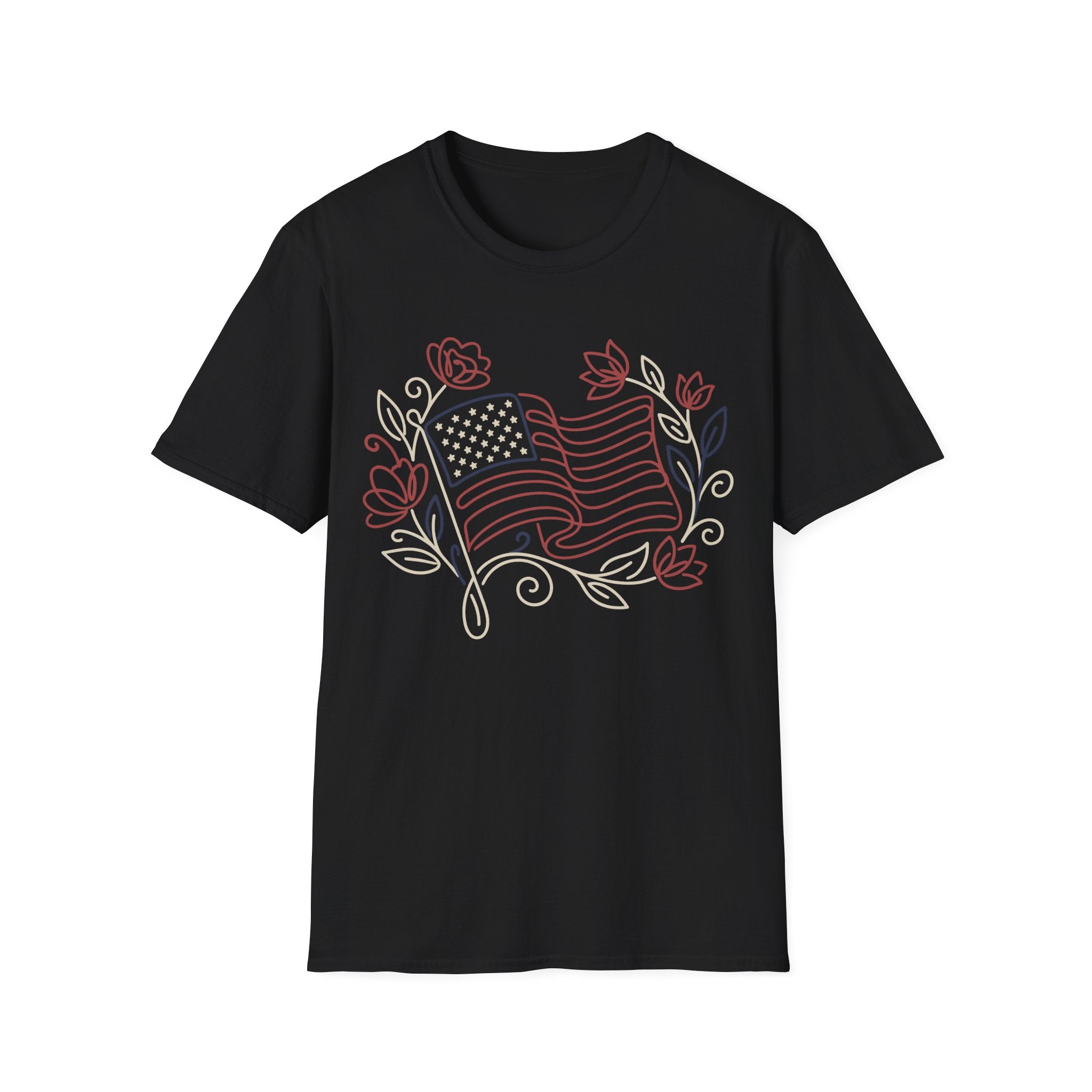 Elegant Floral Line Art American Flag T-Shirt | Botanical Patriotic Tee